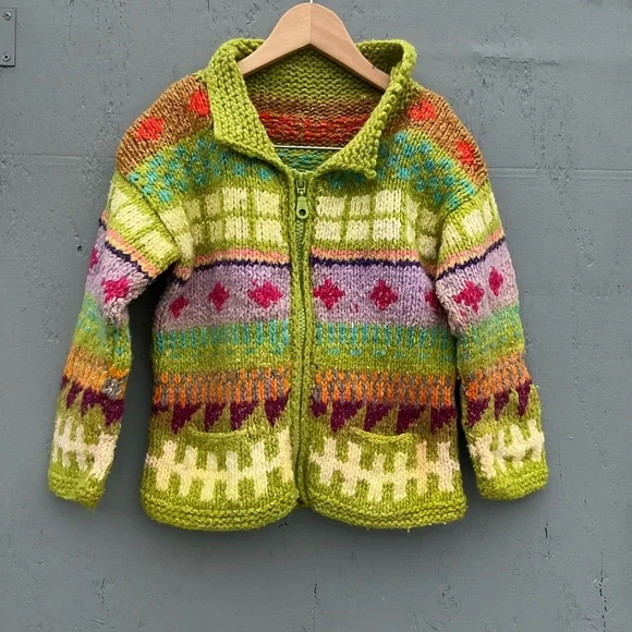 Vintage Chunky knite Cardigan Sweaters Colorful Knit Zip-Up Sweater Kids Unisex - Picture 1 of 5